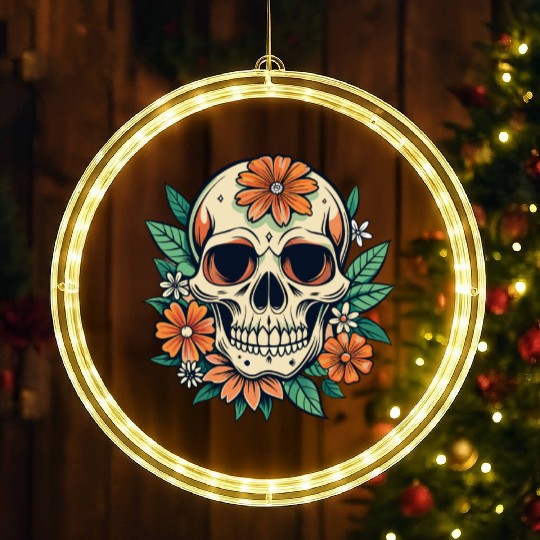 Vintage Retro Halloween Sugar Skull with floral LED Christmas Window Lights