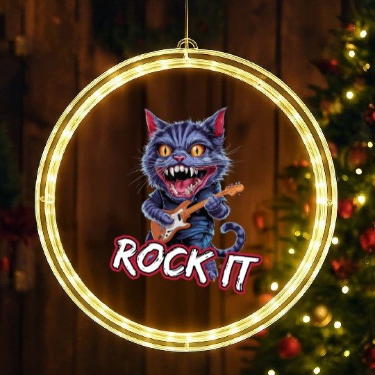 Rock It Cat Musician with Electric Guitar LED Christmas Window Lights