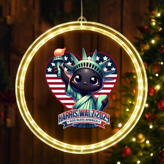 Cute Cat as Statue of Liberty with Harris Walz LED Christmas Window Lights