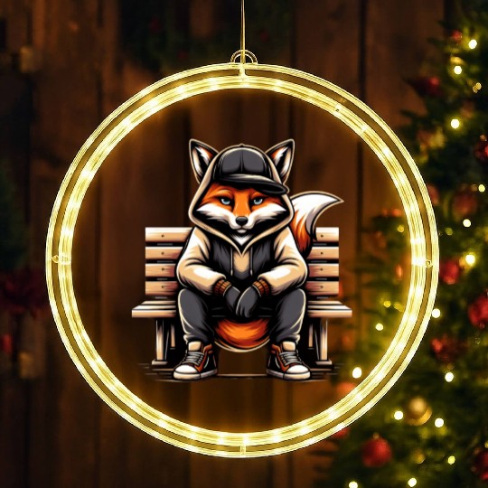 A Cartoon Fox Sitting On A Park Bench LED Christmas Window Lights