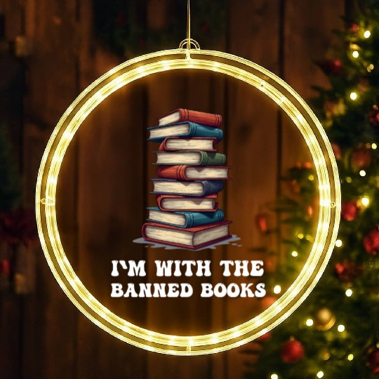 I Read Banned Books Funny Cat Reading Book LED Christmas Window Lights