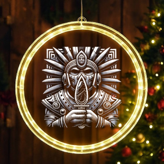 Aztec Warrior Mask with Tribal Art and Ancient LED Christmas Window Lights