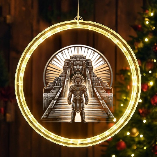 Aztec Warrior Mask with Tribal Art and Ancient LED Christmas Window Lights