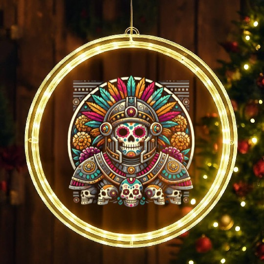 Aztec Warrior Mask with Tribal Art and Ancient LED Christmas Window Lights