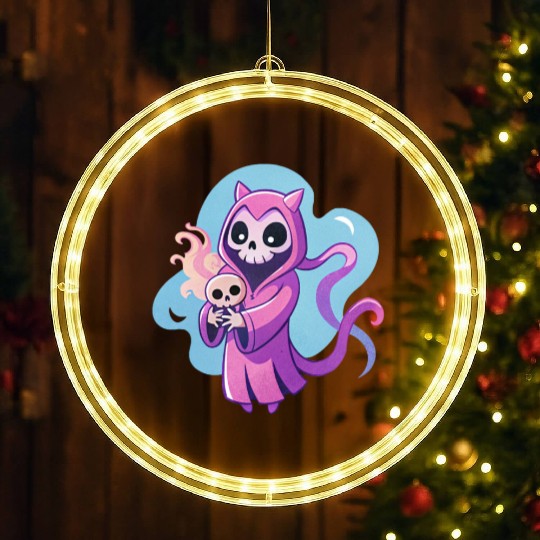 skeletal figure, violet pink robe, lavender puppy LED Christmas Window Lights