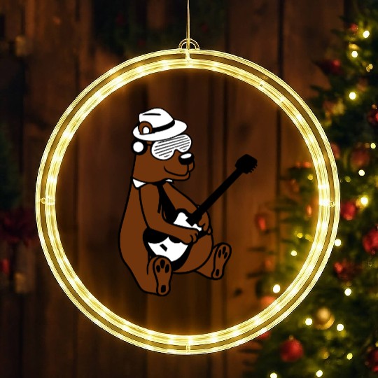 Cool Sitting Grizzly Brown Bear Playing Guitar Fun LED Christmas Window Lights
