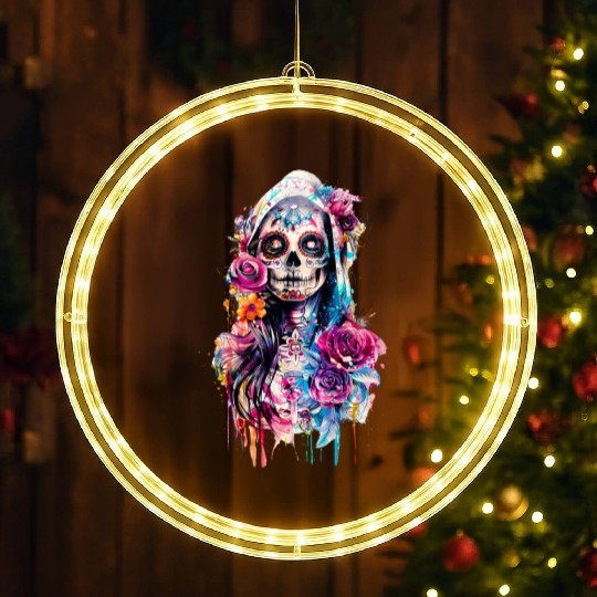 Santa Muerte Saint Mexican Folklore Dead Skull LED Christmas Window Lights