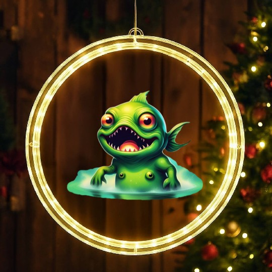 Green Monster Fish Emerge from the Deep Lake Scary LED Christmas Window Lights