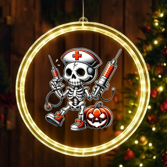 Skeleton Nurse with Medical Syringes Halloween LED Christmas Window Lights