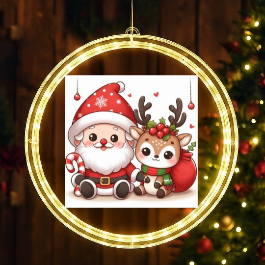 Festive Santa and Reindeer Illustration LED Christmas Window Lights