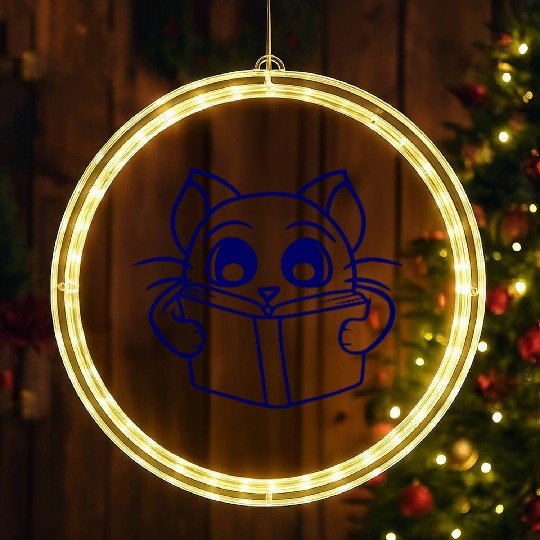 Nerd Cat Reads Novel Book School Reading Learning LED Christmas Window Lights