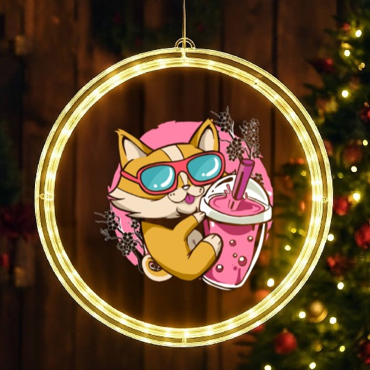 Kitten Kawaii Boba Milk Tea Drinking Cat LED Christmas Window Lights