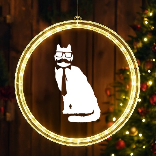 Nerd Cat Horn-rimmed Glasses Geek Smart Kitten Fun LED Christmas Window Lights