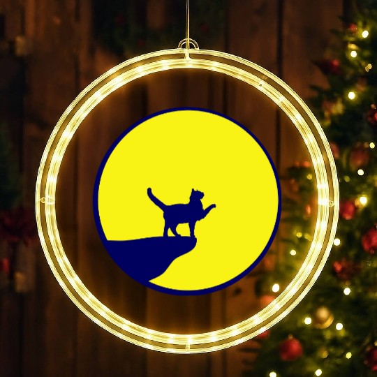 Cat Moon Cliff At Night Werewolf Round Howling Fun LED Christmas Window Lights