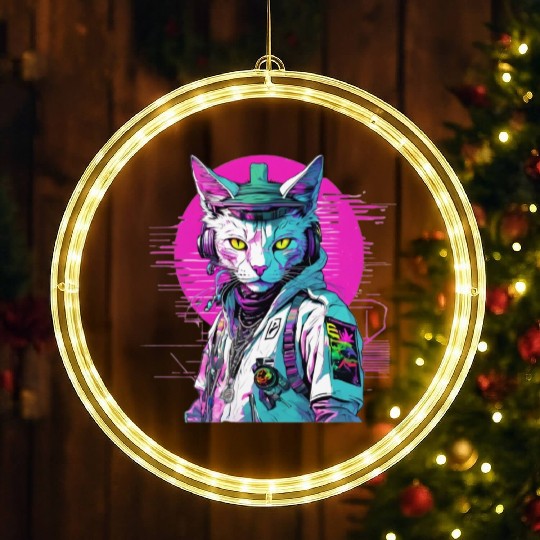 Neon Cyberpunk Warrior Cat LED Christmas Window Lights