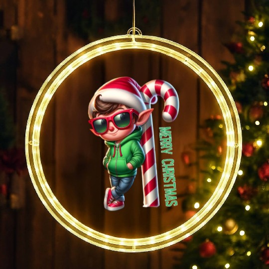 Merry Christmas Cool Elf with Candy Cane Vibes LED Christmas Window Lights