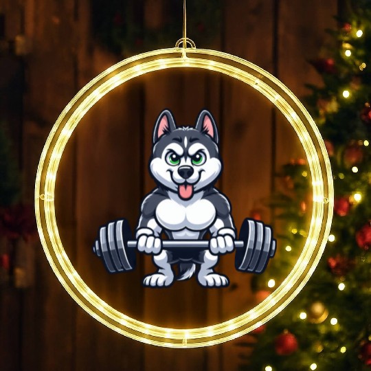 Husky Fitness Workout Bodybuilder Cartoon Gym LED Christmas Window Lights