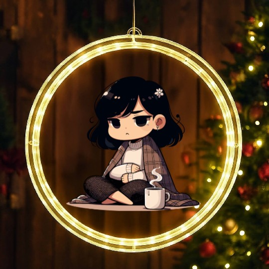 Cozy Anime Character with Coffee LED Christmas Window Lights