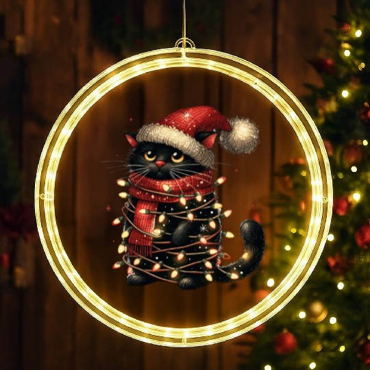 Black Cat In Christmas Light, Cat Lights LED Christmas Window Lights