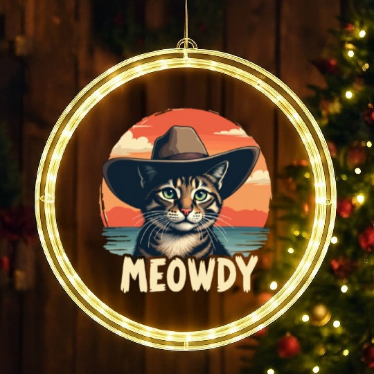 Meowdy Cowboy Cat Funny Howdy Meowdy Cowboy Cat LED Christmas Window Lights