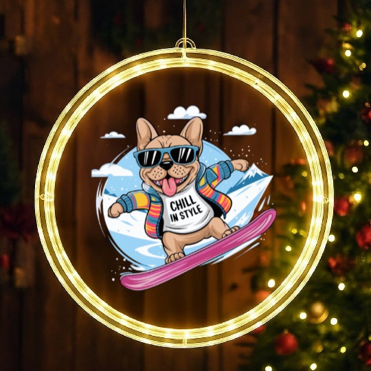 French Bulldog Snowboard Skiing for French LED Christmas Window Lights