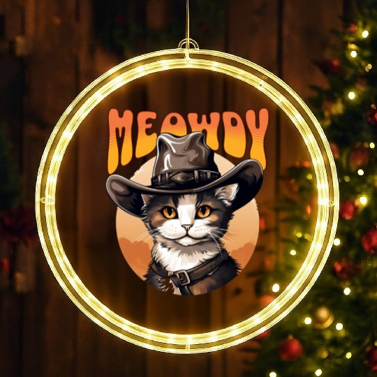 Meowdy Cowboy Cat Funny Howdy Meowdy Cowboy Cat LED Christmas Window Lights