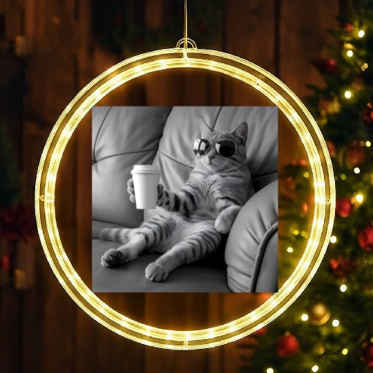 Tabby Cat Sunglasses Coffee Lover Relaxed Kitty LED Christmas Window Lights