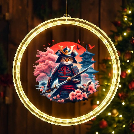 Samurai Cat Graphic Warrior Vintage Japanese Anime LED Christmas Window Lights