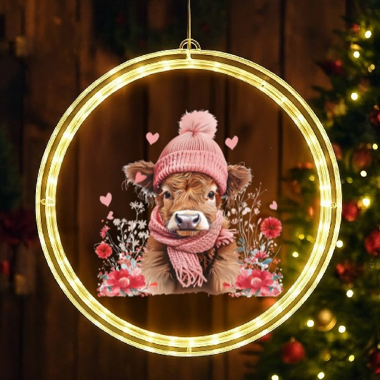 Cute Highland Cow Valentines Day LED Christmas Window Lights