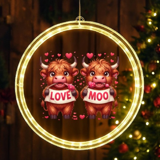 Cute cartoon valentines highland cow LED Christmas Window Lights
