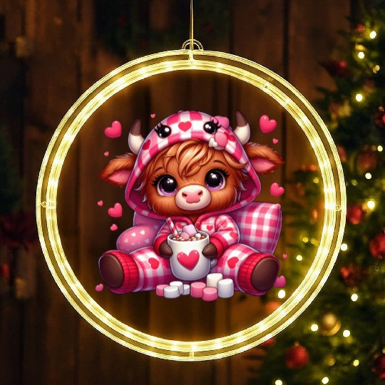 Cute cartoon valentines highland cow LED Christmas Window Lights