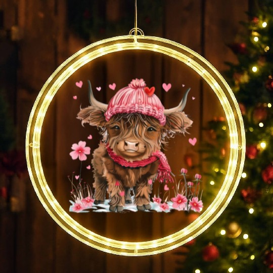 Cute Highland Cow Valentines Day LED Christmas Window Lights