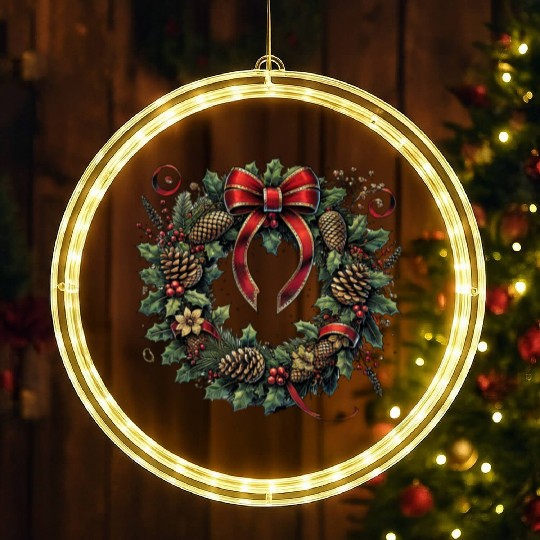 Rustic Christmas Wreath with Holly and Pine Cones LED Christmas Window Lights