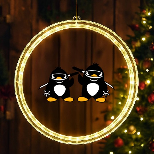 2 Penguins Ninja Samurai Japanese Katana Team Duo LED Christmas Window Lights