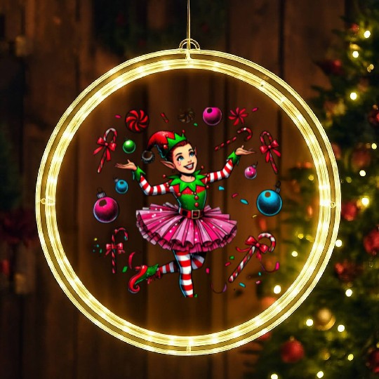 Juggling Elf: Tutu, Ornaments & Candy Cane Confet LED Christmas Window Lights