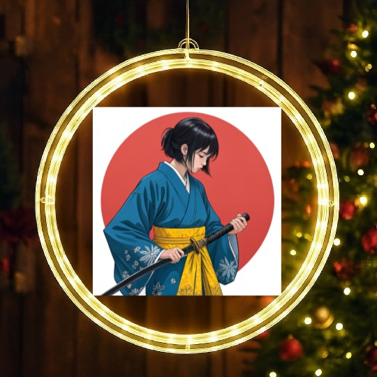Blossom and Blade: Kimono-Clad Warrior Girl, Japan LED Christmas Window Lights