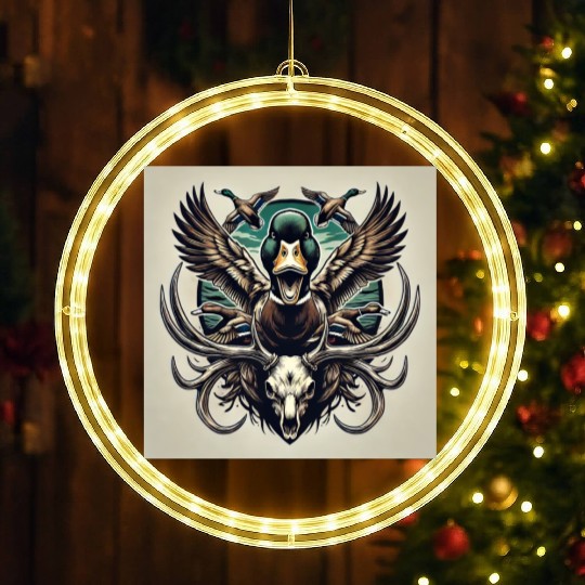 Mallard duck flying over deer skull in marsh LED Christmas Window Lights