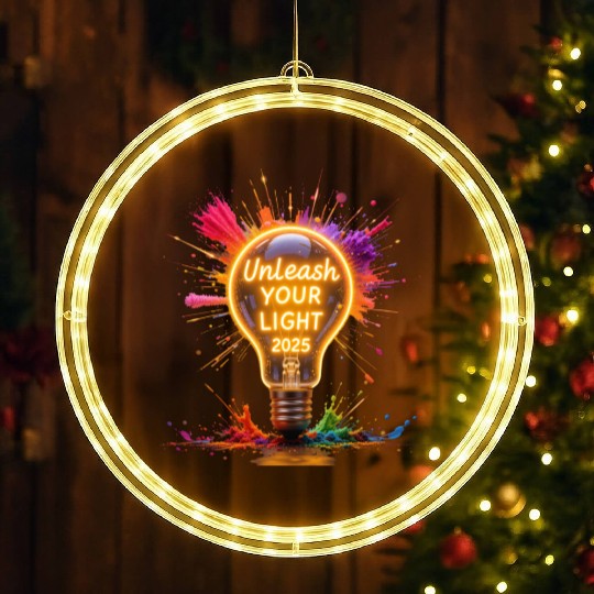 A large starburst glowing in neon light with 2025 LED Christmas Window Lights