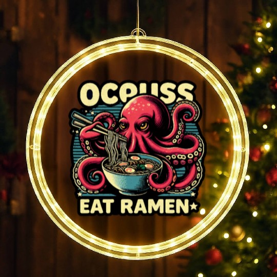 giant monster octopus eat ramen lover noodle bowl LED Christmas Window Lights