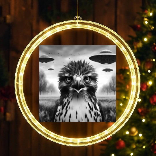 Hawk falcon Funny Graphic Selfie with UFOs Weird LED Christmas Window Lights