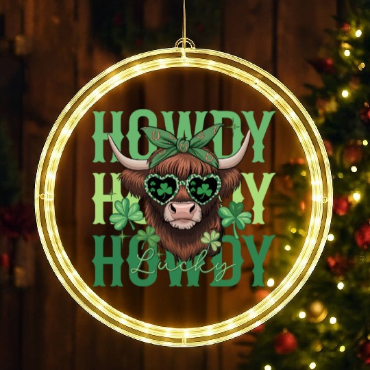 Howdy Howdy Lucky Highland Cow St Patricks Day LED Christmas Window Lights