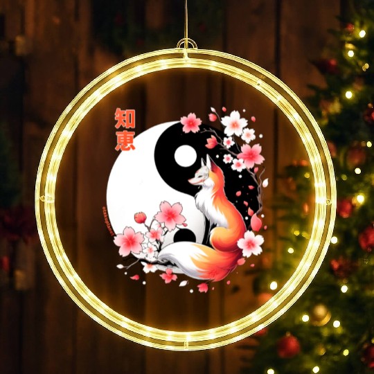 fox kitsune with cherry blossom in retro aesthetic LED Christmas Window Lights