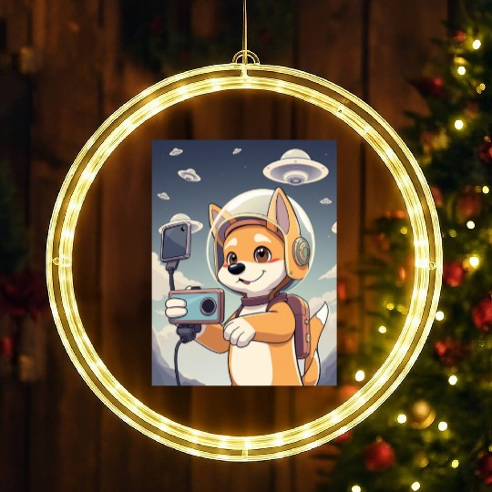 Funny Dog Rescue Anime Selfie with UFOs Weird LED Christmas Window Lights