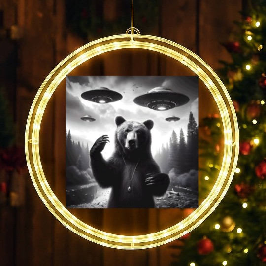 Grizzly Bear Outdoors Graphic Selfie with UFOs Wei LED Christmas Window Lights