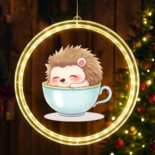 Cute hedgehog relaxing in a light blue cup LED Christmas Window Lights