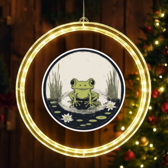 Serene Frog in a Tranquil Pond LED Christmas Window Lights