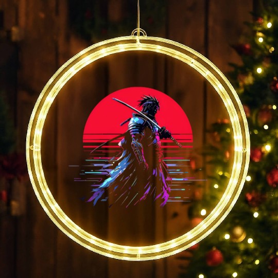 Cyberpunk Samurai Warrior Under Neon Moon LED Christmas Window Lights