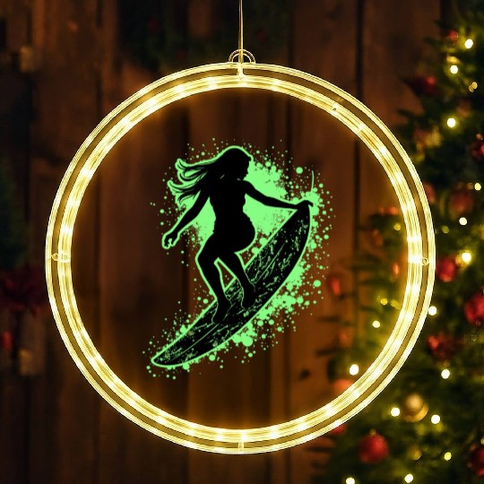Stylish Female Surfer Surfing Waves LED Christmas Window Lights