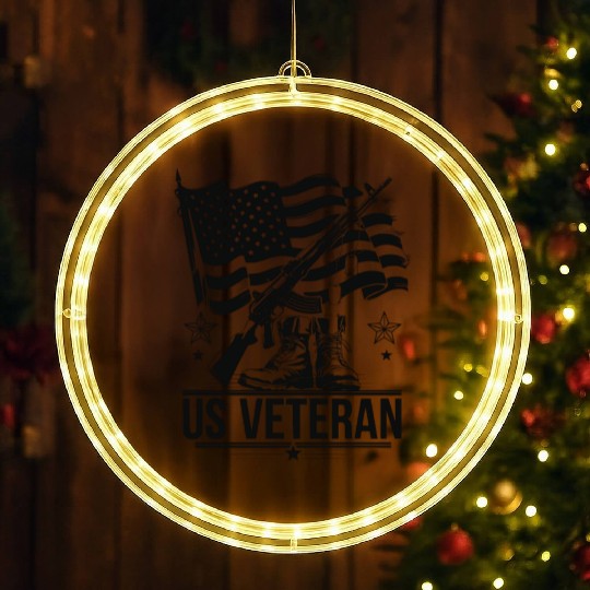 Patriotic US Veteran, American Flag and Rifle LED Christmas Window Lights