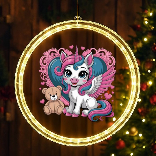 Whimsical Unicorn Magic Heart With Adorable Teddy LED Christmas Window Lights